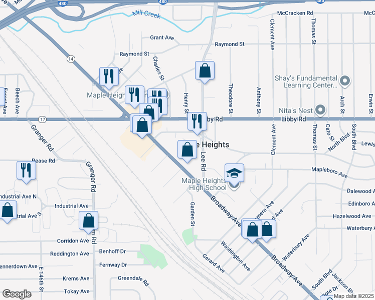 map of restaurants, bars, coffee shops, grocery stores, and more near 5370 Lee Road in Maple Heights