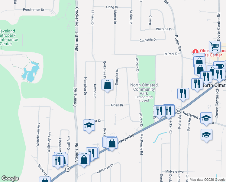 map of restaurants, bars, coffee shops, grocery stores, and more near 5155 Douglas Drive in North Olmsted