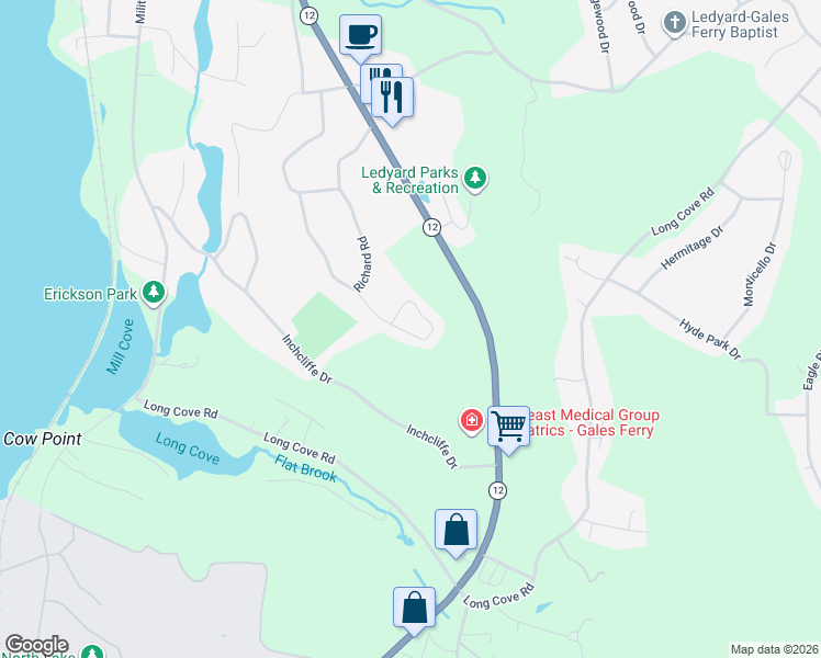 map of restaurants, bars, coffee shops, grocery stores, and more near 17 Patricia Court in Ledyard