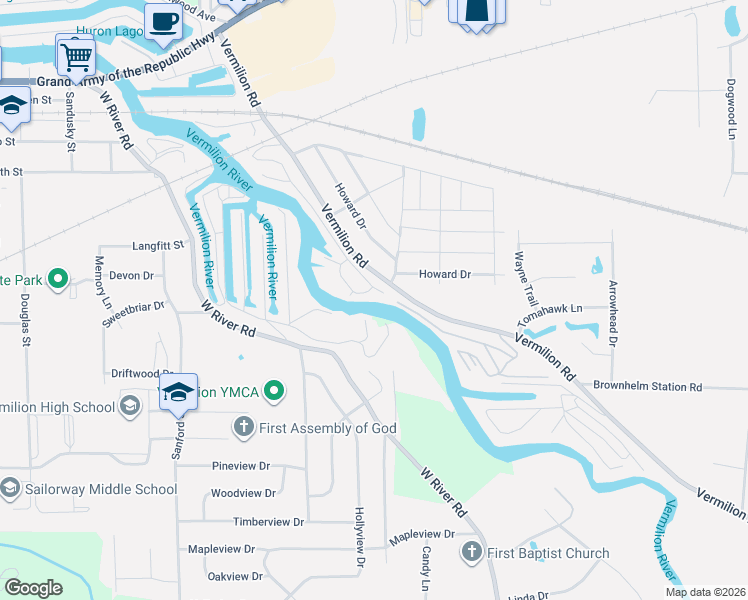 map of restaurants, bars, coffee shops, grocery stores, and more near 1027 Riverside Drive in Vermilion