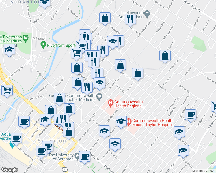map of restaurants, bars, coffee shops, grocery stores, and more near 825 Adams Avenue in Scranton