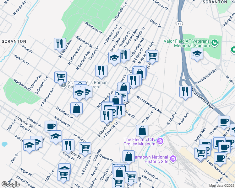 map of restaurants, bars, coffee shops, grocery stores, and more near 229 North Hyde Park Avenue in Scranton