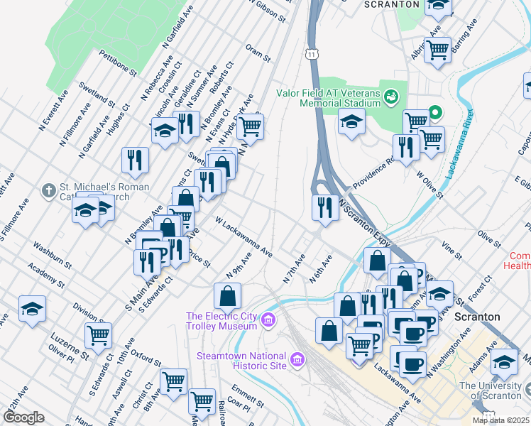 map of restaurants, bars, coffee shops, grocery stores, and more near 441 N 9th Ave in Scranton