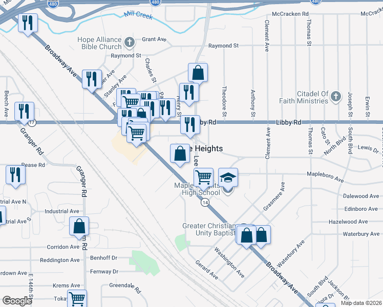 map of restaurants, bars, coffee shops, grocery stores, and more near 5370 Lee Road in Maple Heights