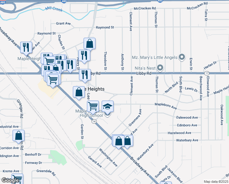 map of restaurants, bars, coffee shops, grocery stores, and more near 16815 Maple Heights Boulevard in Maple Heights