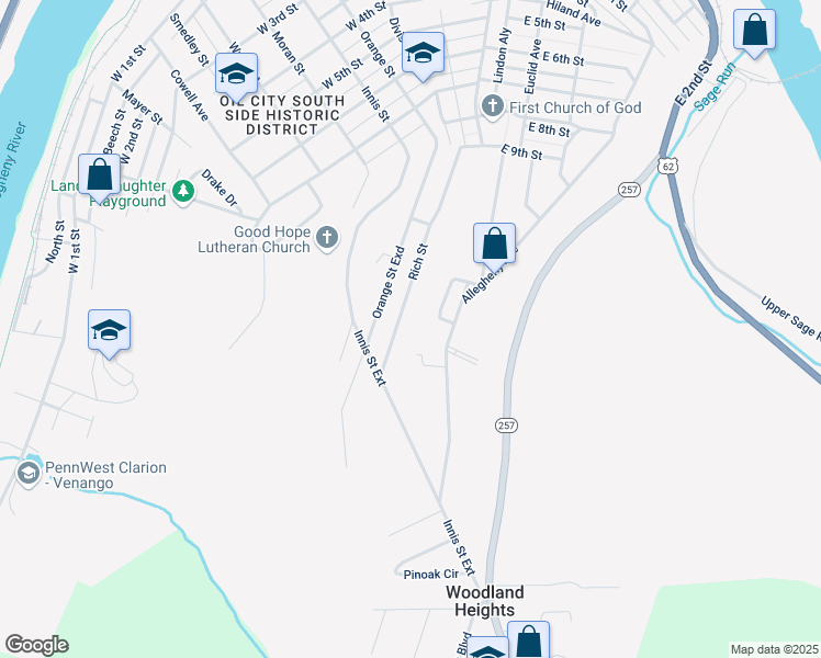 map of restaurants, bars, coffee shops, grocery stores, and more near 65 Rich St in Oil City