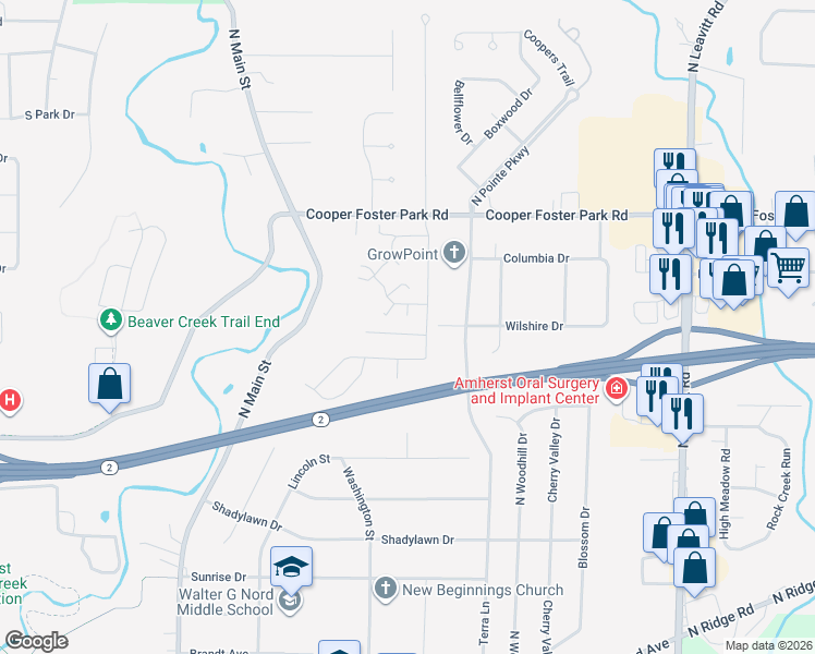 map of restaurants, bars, coffee shops, grocery stores, and more near 101 Lakeview Circle in Amherst