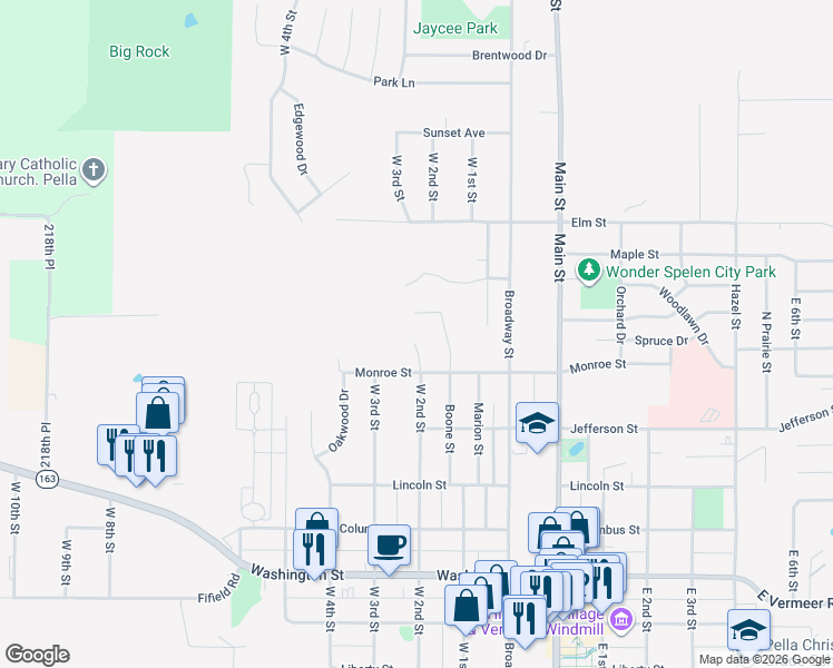 map of restaurants, bars, coffee shops, grocery stores, and more near 1316 West 2nd Street in Pella