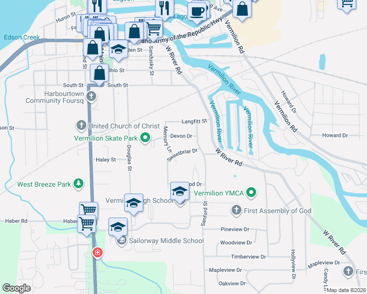 map of restaurants, bars, coffee shops, grocery stores, and more near 1040 Sweetbriar Drive in Vermilion