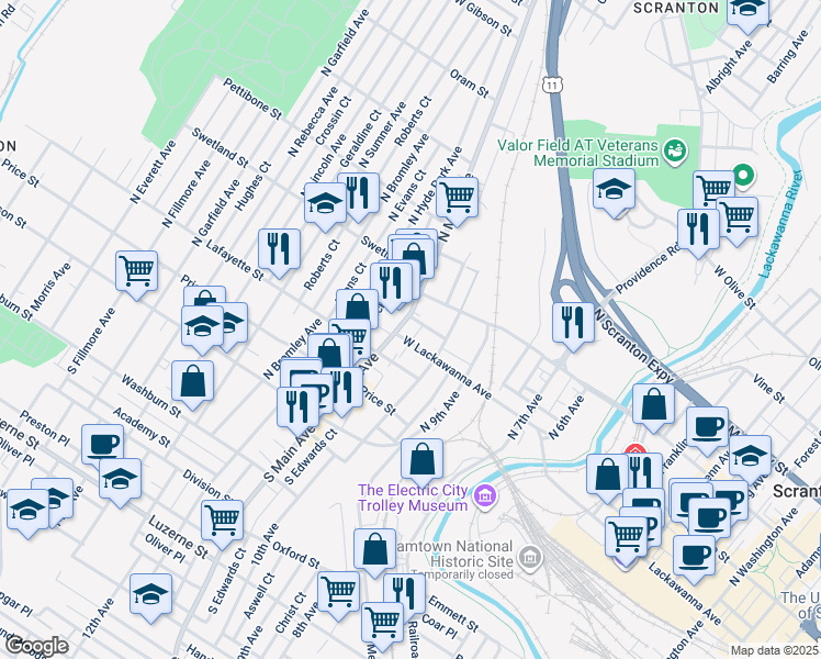map of restaurants, bars, coffee shops, grocery stores, and more near 410 North Main Avenue in Scranton