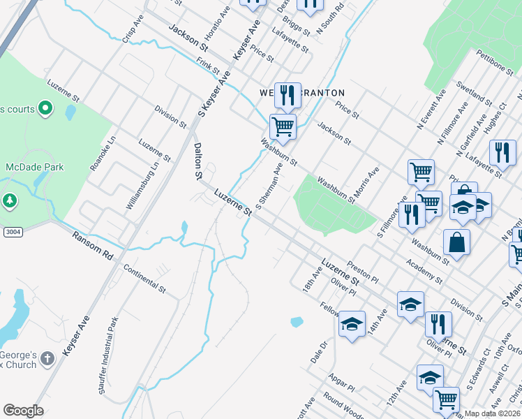 map of restaurants, bars, coffee shops, grocery stores, and more near 2124 Luzerne Street in Scranton
