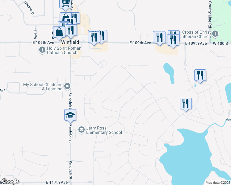 map of restaurants, bars, coffee shops, grocery stores, and more near 3730 Cherry Hill Drive in Crown Point