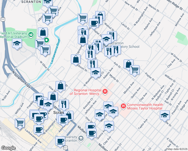 map of restaurants, bars, coffee shops, grocery stores, and more near 509 East Gibson Street in Scranton