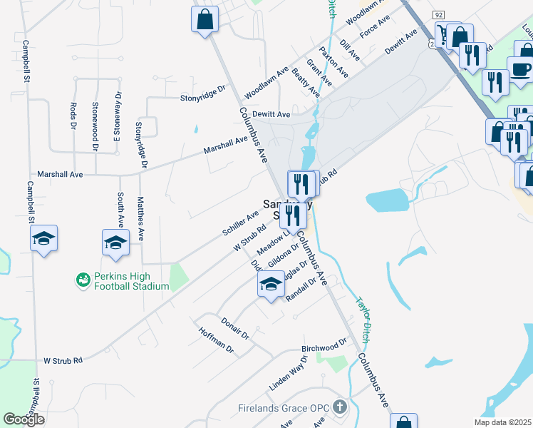 map of restaurants, bars, coffee shops, grocery stores, and more near 114 Schiller Avenue in Sandusky