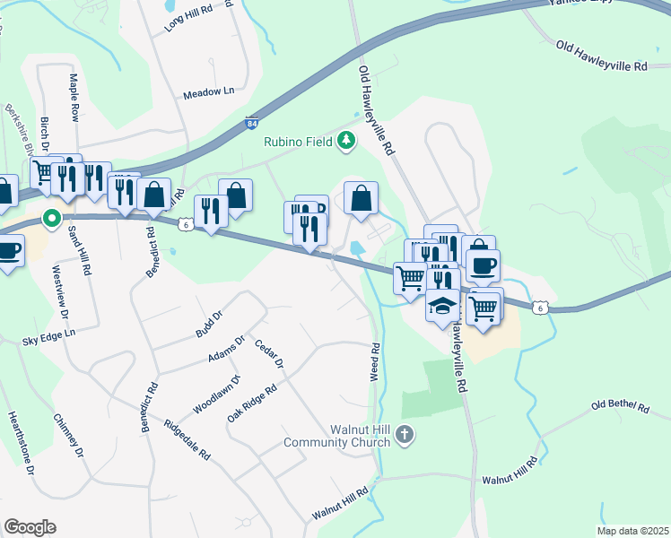 map of restaurants, bars, coffee shops, grocery stores, and more near 52 Weed Road in Bethel