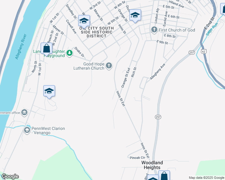 map of restaurants, bars, coffee shops, grocery stores, and more near 764 Innis Street in Oil City