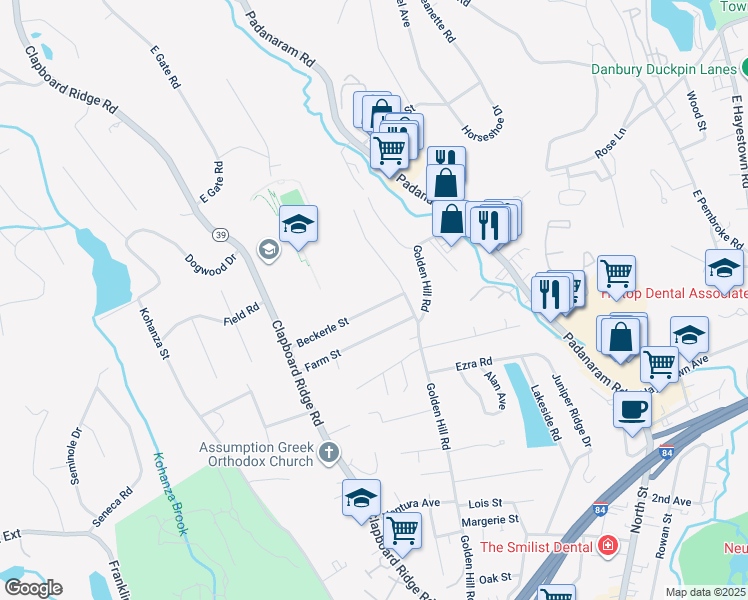 map of restaurants, bars, coffee shops, grocery stores, and more near 40 Beckerle St in Danbury