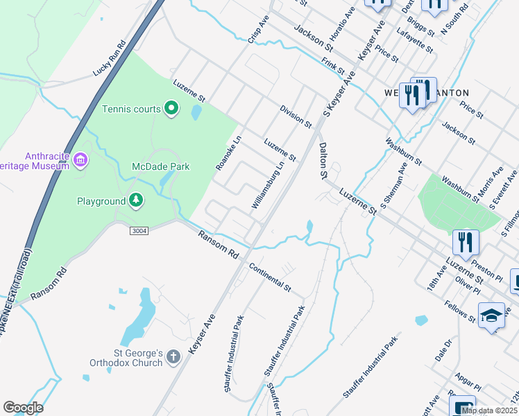 map of restaurants, bars, coffee shops, grocery stores, and more near 418 Williamsburg Ln in Scranton