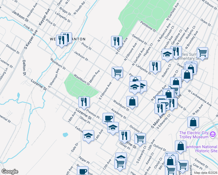 map of restaurants, bars, coffee shops, grocery stores, and more near 135 South Fillmore Avenue in Scranton