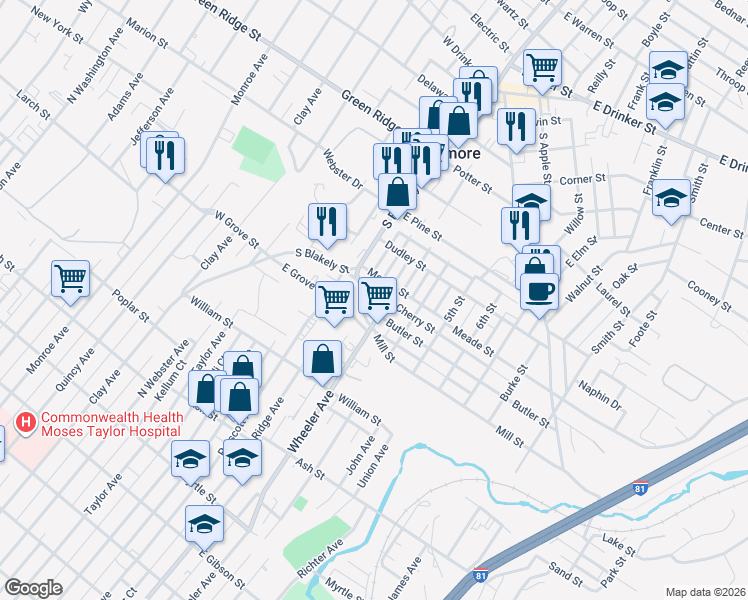 map of restaurants, bars, coffee shops, grocery stores, and more near in Dunmore