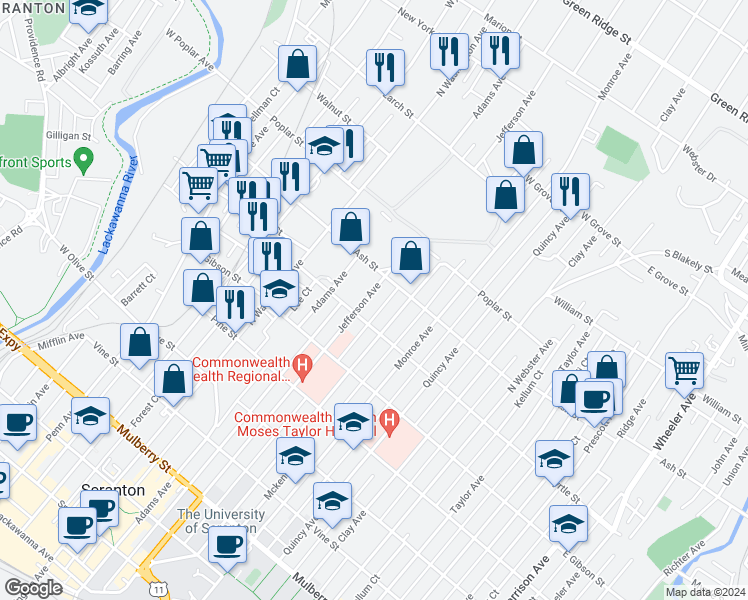 map of restaurants, bars, coffee shops, grocery stores, and more near 938 Jefferson Avenue in Scranton