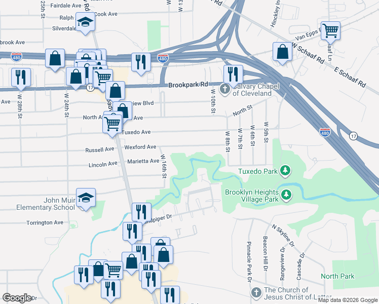 map of restaurants, bars, coffee shops, grocery stores, and more near 1307 Wexford Avenue in Parma