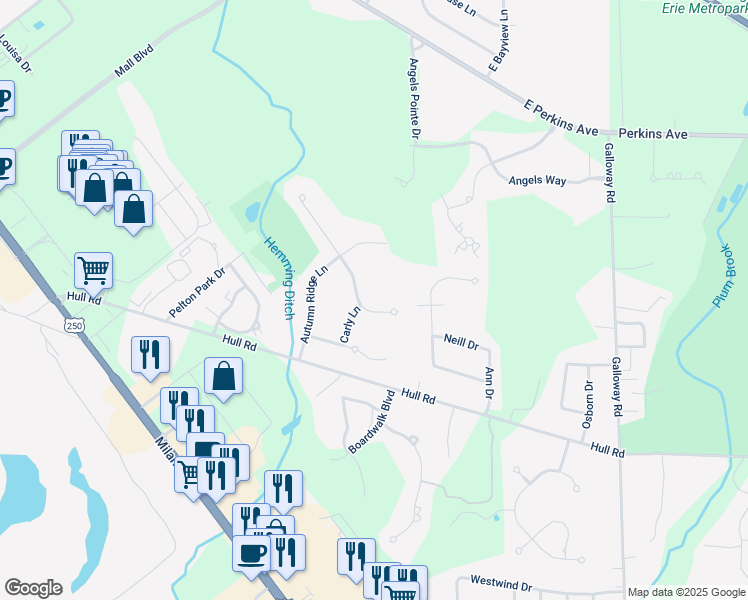 map of restaurants, bars, coffee shops, grocery stores, and more near 4306 Walnut Creek Lane in Sandusky
