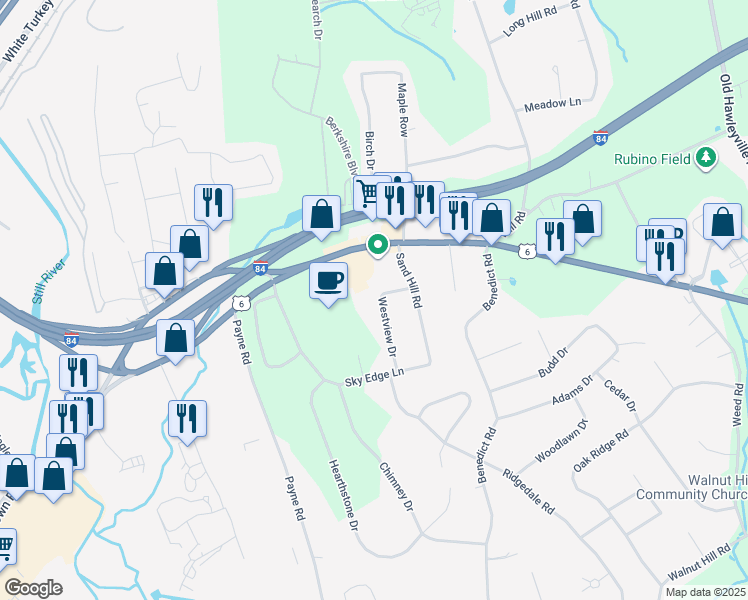 map of restaurants, bars, coffee shops, grocery stores, and more near 10 Westview Drive in Bethel