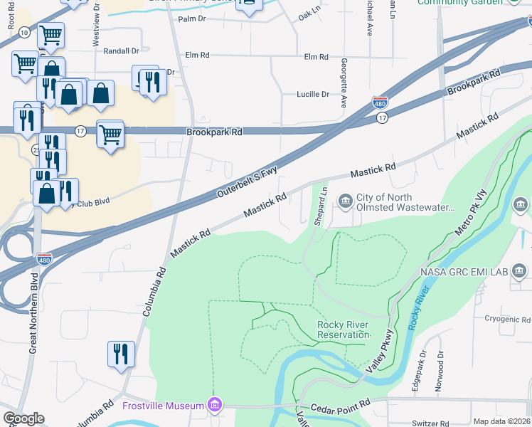 map of restaurants, bars, coffee shops, grocery stores, and more near 24061 Mastick Road in North Olmsted