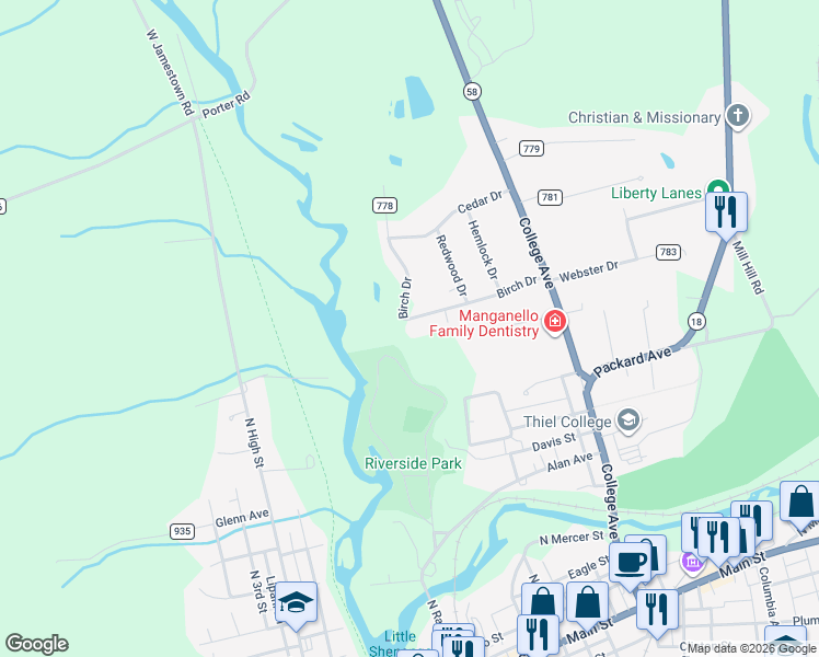 map of restaurants, bars, coffee shops, grocery stores, and more near 24 Birch Drive in Greenville