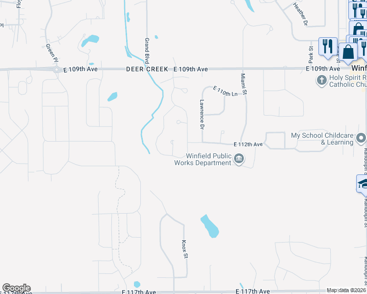 map of restaurants, bars, coffee shops, grocery stores, and more near 11234 Deer Creek Drive in Crown Point