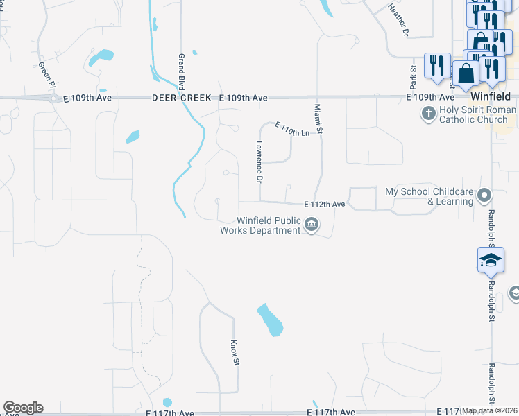 map of restaurants, bars, coffee shops, grocery stores, and more near 6901 East 112th Avenue in Crown Point
