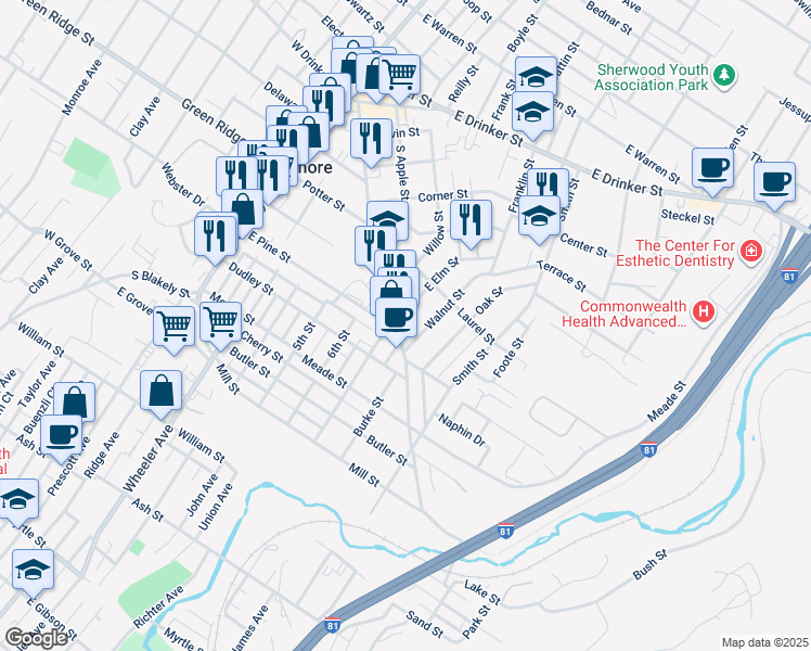 map of restaurants, bars, coffee shops, grocery stores, and more near 505 Chestnut Street in Dunmore