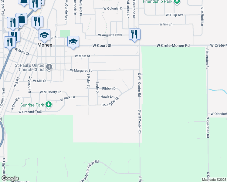 map of restaurants, bars, coffee shops, grocery stores, and more near 4963 Ribbon Drive in Monee