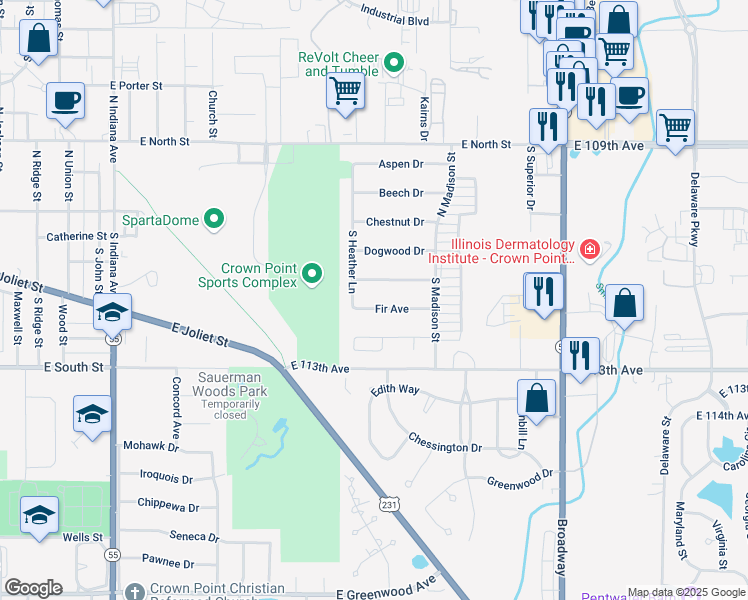 map of restaurants, bars, coffee shops, grocery stores, and more near 1630 Fir Avenue in Crown Point