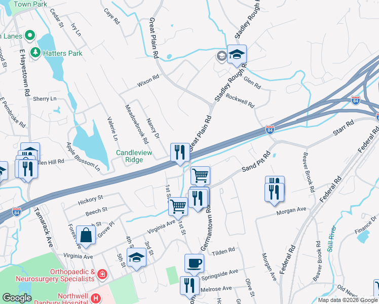 map of restaurants, bars, coffee shops, grocery stores, and more near 9 Great Plain Road in Danbury