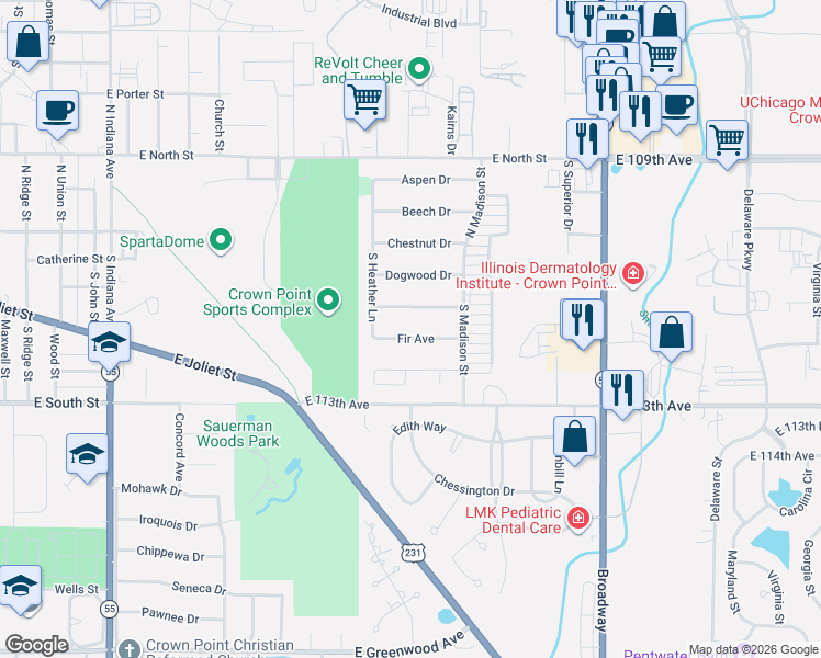 map of restaurants, bars, coffee shops, grocery stores, and more near 1630 Fir Avenue in Crown Point