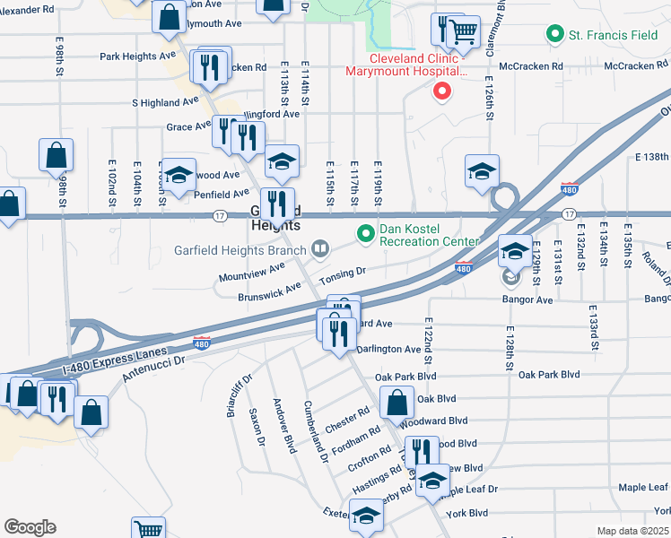 map of restaurants, bars, coffee shops, grocery stores, and more near 11509 Tonsing Drive in Garfield Heights