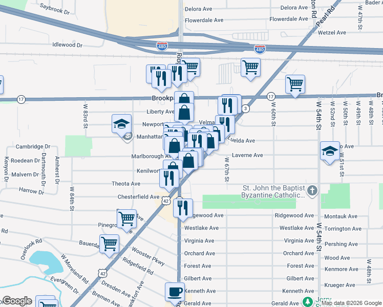 map of restaurants, bars, coffee shops, grocery stores, and more near 7106 Maysday Avenue in Parma