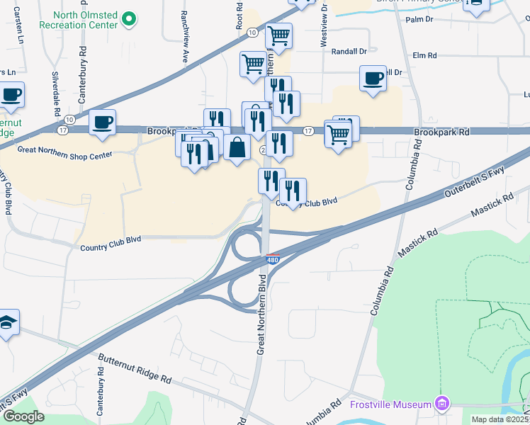 map of restaurants, bars, coffee shops, grocery stores, and more near Great Northern Boulevard in North Olmsted