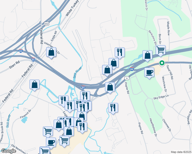 map of restaurants, bars, coffee shops, grocery stores, and more near Betts Road in Danbury