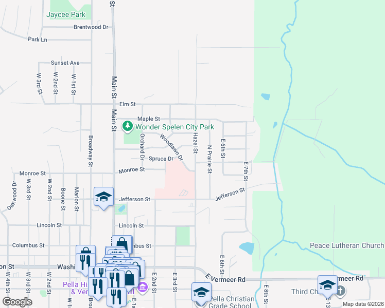 map of restaurants, bars, coffee shops, grocery stores, and more near 1317 Hazel Street in Pella