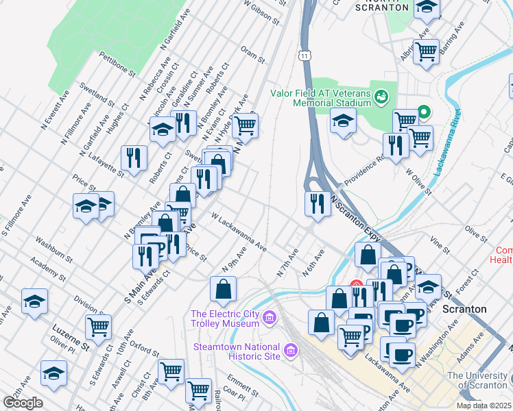 map of restaurants, bars, coffee shops, grocery stores, and more near 441 N 9th Ave in Scranton