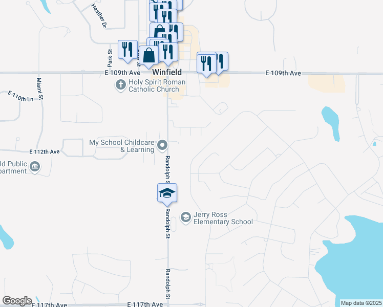 map of restaurants, bars, coffee shops, grocery stores, and more near 3674 Kingsway Drive in Crown Point