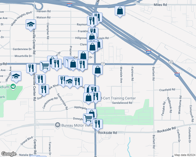 map of restaurants, bars, coffee shops, grocery stores, and more near 5311 Northfield Road in Bedford Heights