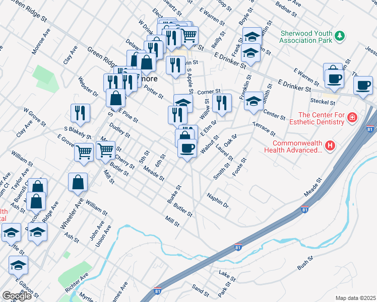 map of restaurants, bars, coffee shops, grocery stores, and more near 505 Chestnut Street in Dunmore