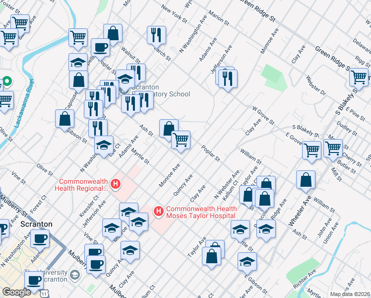 map of restaurants, bars, coffee shops, grocery stores, and more near 1017 Monroe Avenue in Scranton