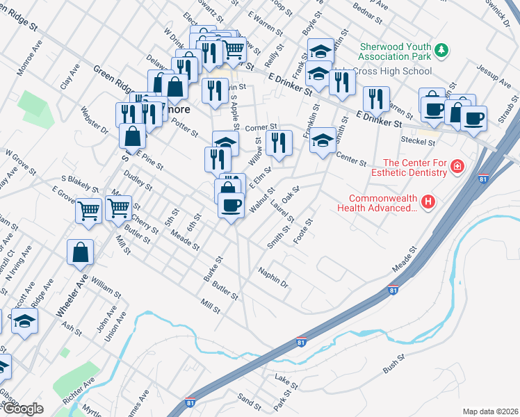 map of restaurants, bars, coffee shops, grocery stores, and more near 126 Walnut Street in Dunmore