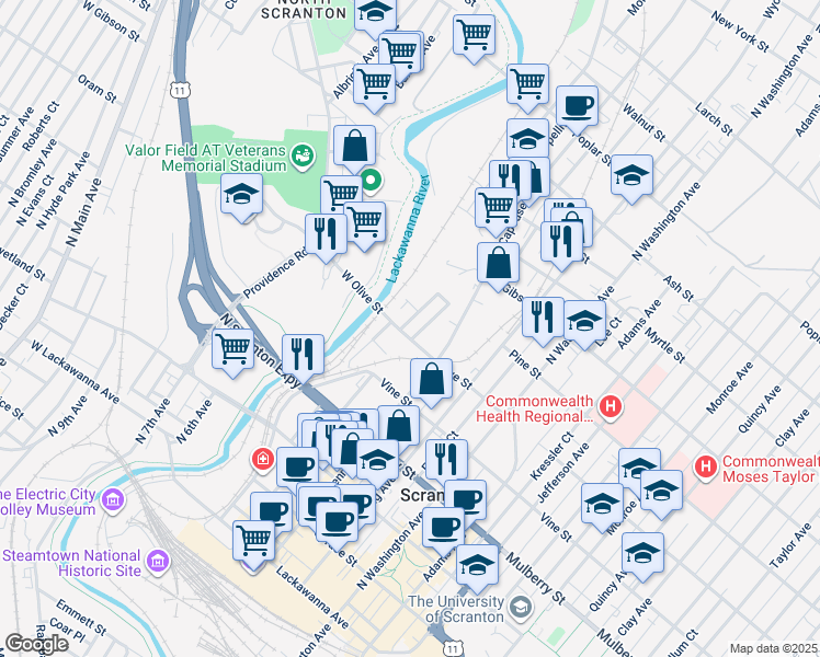 map of restaurants, bars, coffee shops, grocery stores, and more near 616 Barrett Court in Scranton