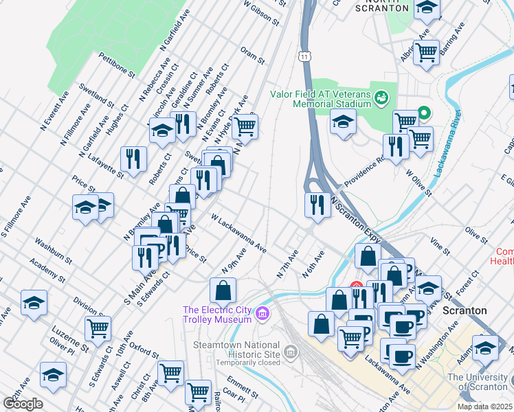 map of restaurants, bars, coffee shops, grocery stores, and more near 441 N 9th Ave in Scranton